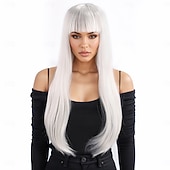 abordables Perruques Synthétiques Sans Bonnet-Perruque Synthétique Droit crépu Lisse naturel Coupe dégradée Avec frange Fabriqué à la Machine Perruque 24 pouces A1 Cheveux synthétiques Femmes Classique Confortable Dégradé de couleur Blanc