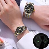 baratos Relógios Quartz-Conjunto de relógio de quartzo para casal, 2 peças – mostrador digital redondo, à prova d&#039;água ipx7, ponteiros luminosos, calendário duplo (data e dia), pulseira de liga, estilo empresarial unissex, ideal para encontros e presentes
