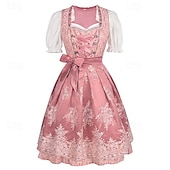 abordables Conjunto de Dirndl-Women's Bavarian Dirndl Dress Costume with Lace Apron and Blouse Pink Satin Embroidery Outfit for Oktoberfest Festival