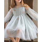 abordables Robes-Enfants Fille Robe Couleur Unie Manche 3/4 Extérieur Maille Adorable Coton Mi-long Robe Décontractée Robe en Tulle Été 4 ans et + Bleu Ciel