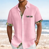 voordelige Vakantie-Voor heren Overhemd Linnen overhemd Zomer overhemd Strand Kleding Overhemd met knopen Effen Kleur Vakantie Curise Zwart Wit Blozend Roze Groen Korte mouw Kraag Zomer Lente zomer Kleding Kleurenblok