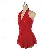billige Figur skating kjoler-Kjole til kunstløp Dame Jente Skøyteløp Kjoler Rød Lapper Tommelhull Netting Spandex Elastisk Trening Profesjonell Konkurranse Skøyteklær Hold Varm Krystall / Rhinstein Ermeløs Skøyting Kunstløp