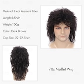 voordelige Historische pruiken-Mullet 70s 80s Pruik met Frenulum Donkerbruin Lang Disco Haar Krullende Pruiken voor Mannen voor Mannen Vrouwelijke Hippie Rockende 80s Them Party Cosplay Kostuum Anime Hittebestendig Synthetisch