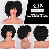 abordables Perruques historiques-Perruques afro pour femmes noires 10 pouces 230g/pièce Perruque synthétique résistante à la chaleur avec des frisottis courts et une frange pour fête des années 70 Halloween