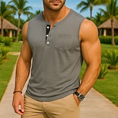 preiswerte Fitness Tank-Tops-Herren Tank Top Weste Unterhemd Ärmelloses Shirt Ärmellos Henley Sommer Einfach Mode Designer Basic Klassisch Urlaub Straße Ausgehen Schwarz Weiß Dunkelmarine Top T-Shirt für Herren