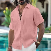 voordelige Vakantie-Voor heren Overhemd Linnen overhemd Zomer overhemd Button-down overhemd Normaal shirt Strand hemd Effen Kleur Vakantie Dagelijks Zwart Wit Blozend Roze blauw Korte mouw Kraag Zomer Kleding