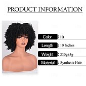 abordables Perruques historiques-Perruques afro pour femmes noires 10 pouces 230g/pièce Perruque synthétique résistante à la chaleur avec des frisottis courts et une frange pour fête des années 70 Halloween