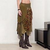 abordables Jupes graphiques-Femmes Jupe Mode Boho Midi Taille Basse Jupes Fleuri Dentelle Épissure Imprimé Micro-Élastique Vacances Rue Marron Été Polyester