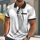 halpa Miesten geometrinen poolo-Miesten Geometrinen Viiva Polo Lyhythihainen Poolopaidat Kauluspaidat Business Casual ulko- Urheilu- ja treenivaatteet Arki-asut 3D-tulostus Napit Kesä Musta Rubiini Sininen