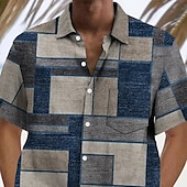 preiswerte Geometrische Muster-Herren Geometrisch Farbblock Patchwork Hemd Sommerhemd Knopfhemd Kurzarm Modisch lässig Urlaub Ferien Streetwear Sommer Umlegekragen 3D-Druck Eine Tasche vorne Leinenähnliches Hemd Dunkelblau
