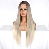 baratos Perucas Sintéticas sem Touca-Peruca loira ombré longa de aparência natural com raízes castanhas, sem cola, para mulheres, cabelo sintético liso e sedoso, resistente ao calor, 28 polegadas