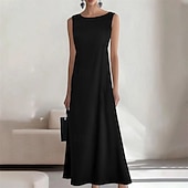 economico maxi abito nero-Per donna Abito Lungo Maxi Abito Vestito Casual Abito Estivo Moda All'aperto Feste Ferie Vestibilità regolare Semplice Senza Maniche Girocollo Blu Nero Vino Estate