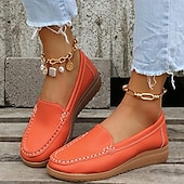 cheap Women&#039;s Slip-Ons &amp; Loafers-Women&#039;s Orange Faux Leather Loafers – Slip-On Moccasin Flats with Cushioned Sole for Casual Wear, Walking, and Daily Commute