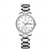 baratos Relógios Quartz-o novo relógio de quartzo luminoso com pulseira de aço com calendário duplo incrustado de diamantes para senhora é um relógio de pulso esportivo simples e versátil