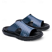 cheap Vacation Sandals-Men&#039;s Copper Faux Leather Slide Sandals with Embossed Crocodile Pattern and Black Cushioned Sole – Stylish Slip-On Sandals for Indoor Lounge, Poolside Relaxation, or Resort Wear