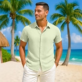 preiswerte Urlaub-Herren Hemd Leinenhemd Sommerhemd Durchgeknöpft Hemd Freizeithemd Strandhemd Einfarbig Urlaub Lässig Schwarz Weiß Rosa Grün Kurzarm Kragen Sommer Bekleidung
