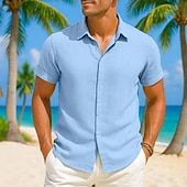 preiswerte Urlaub-Herren Hemd Leinenhemd Sommerhemd Durchgeknöpft Hemd Freizeithemd Strandhemd Einfarbig Urlaub Lässig Schwarz Weiß Rosa Grün Kurzarm Kragen Sommer Bekleidung
