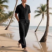 cheap Men&#039;s Tee Sets-Men&#039;s Shirt Suits Shirt and Pant Sets 2 Pieces Outfits Short Sleeve Lapel Summer Plain Fashion Casual 2 Piece Vacation Daily Wear Going out Black White Khaki Top Tee for Men