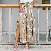 economico Pantaloni in cotone e lino con grafica-Per donna Pantaloni ispirati al lino Gamba larga Pantaloni Palazzo Moda Boho Lunghezza intera Vita Alta Fiore Elastico in vita Spacco Comodo Confortevole Streetwear Abbigliamento quotidiano Uscire