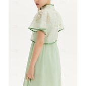 cheap Dresses-Kids Girls&#039; Dress Solid Color Short Sleeve Outdoor Mesh Patchwork Adorable Polyester Knee-length Casual Dress Summer 4 years+ Green