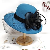 cheap Party Hats-Vintage Fedora Bucket Hat with Removable Mesh Flowers Feathers Elegant Ladies Bowler Hat Winter Warm Wide Brim Church Derby Hat for Wedding Race Banquet