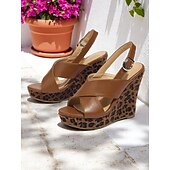 levne Sandály na dovolenou-Dámské bílé sandály na klínku s kříženými pásky – leopardí vzor, platforma, slingbacks na letní párty a plážové nošení