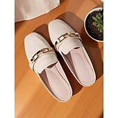 billiga Träskor och tofflor till damer-Svarta damloafers med guldfärgad kedjedetalj, slip-on platta kontorsskor utan rygg för arbete, daglig pendling och business casual