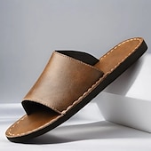 billiga Avslappnade sandaler-Herrsandaler i brunt konstläder med minimalistisk design och komfort, perfekt för vuxna, perfekt för avkoppling inomhus, vardagsbruk, hotellspa