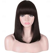 お買い得  トレンドの合成ウィッグ-女性用ミディアムロングヘアウィッグ、ダークブラウンボブウィッグ、フリンジ付き、ナチュラルストレートヘアウィッグ、ハロウィン仮装コスプレ用16インチ
