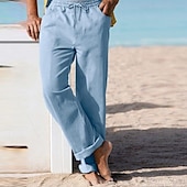 baratos Feriado-Homens Calças de linho Calças Calça verão Calças de praia Com Cordão Cintura elástica Perna reta Tecido Conforto Respirável Comprimento total Casual Diário Feriado Férias Moda Branco Azul Céu