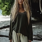 abordables Tops bohèmes-Femmes Chemises en coton et lin Chemisier occidental Uni Bohème ancien Boho manche longue Col ras du cou Hauts Réguliers Quotidien Fête Patchwork Vert Véronèse Été