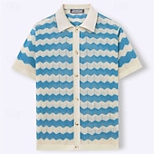 olcso Vakáció-Férfi Button Up Polos Golfing Hétköznapi Sport Hajtóka Rövid ujjú Divat Alap Vonalak / hullámok Gombok Nyár Sárga Kék Barna Button Up Polos
