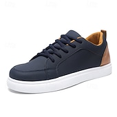 cheap Casual Sneakers-Men's Premium Navy Blue and Orange Faux Leather Sneakers with Fashionable Color Accents for Casual and Athletic Wear
