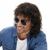 voordelige Historische pruiken-Mullet 70s 80s Pruik met Frenulum Donkerbruin Lang Disco Haar Krullende Pruiken voor Mannen voor Mannen Vrouwelijke Hippie Rockende 80s Them Party Cosplay Kostuum Anime Hittebestendig Synthetisch