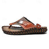 billige Ferietøfler-Herre vintage brune flip-flops i kunstskinn med robust sklisikker såle – utendørs sandaler for sommerfotturer, strandeventyr og daglig bruk
