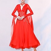 billige Ballroomkjoler-Ballroom-dans Kjole Krystall / Rhinestone Dame Ytelse Fest Langermet Chiffon Spandex