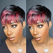 economico Parrucche di altissima qualità-Parrucche pixie cut per donne nere, parrucca sintetica, parrucca pixie cut, parrucche corte a strati, piene con frangia nera
