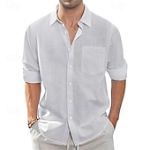 economico Classico-Per uomo Camicia Camicia di lino Camicia casual Camicia con Bottoni Camicia di cotone Semplice Vacanza Camicia hawaiana Bianco Blu marino Azzurro cielo Cachi Manica Lunga Bavero Primavera Autunno