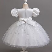 preiswerte Partykleider-Kleinkind Mädchen Partykleid Pailletten Kurzarm Hochzeit Party Netz Reißverschluss Knotenbinde Niedlich Prinzessin Polyester Knielang Paillettenkleid Partykleid Sommer Frühling Herbst 4-7 Jahre Wei