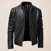 cheap Men&#039;s Jackets &amp; Coats-Male Faux Leather Jacket Transition Jacket Casual Daily Zipper All Seasons Pure Color Outdoor Standing Collar Faux Leather Black Jacket