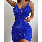 baratos Vestidos de lantejoulas-Mulheres Vestido de lantejoulas Vestido elegante Sensual Festa de Noite Preto Vinho Vermelho Azul Verão