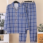 voordelige Pyjama -Voor heren Nachtkleding Pyjamaset Pyjamatop en broek 1 set Ruitjes Modieus Stijlvol Klassiek Huis Dagelijks Bed Polyester Comfort Zacht Revers Lange mouw Cardigan Pantalon Elastische taille Lente