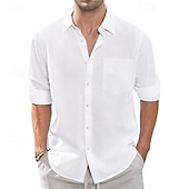 economico Classico-Per uomo Camicia Camicia di lino Camicia casual Camicia con Bottoni Camicia di cotone Semplice Vacanza Camicia hawaiana Bianco Blu marino Azzurro cielo Cachi Manica Lunga Bavero Primavera Autunno