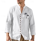 halpa miesten napillinen paita-Miesten Paita Kesä paita Rento paita Rantapaita Button Up paita Musta Valkoinen Purppura khaki Harmaa Pitkähihainen Kookospuu Nauhakaulus Loma Havaijilainen Painettu Vaatetus Polyesteri Muoti