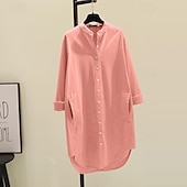 abordables Camisas-Mujer Camisa Camisas de algodón y lino Blusa Plano Moderno Casual Manga Larga Escote en Pico Tops largos Festivos Noche Botones Bolsillo Blanco Amarillo Rosa Verde Trébol Verano