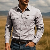 cheap Men&#039;s Work Shirts-Men&#039;s Shirt Summer Shirt Casual Shirt Beach Shirt Button Up Shirt White Navy Blue khaki Gray Long Sleeve Plain Lapel Vacation Hawaiian Pocket Clothing Apparel Polyester Fashion Casual Comfortable