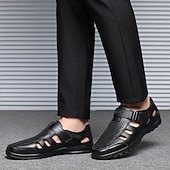 baratos Sandálias de vestir-Men's Sandals Walking Casual PU Leather Breathable Comfortable Slip Resistant Buckle Black Brown Summer Spring Fall