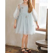 abordables Robes-Enfants Fille Robe Couleur Unie Manche 3/4 Extérieur Maille Adorable Coton Mi-long Robe Décontractée Robe en Tulle Été 4 ans et + Bleu Ciel