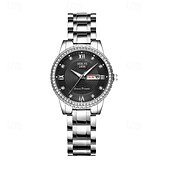 baratos Relógios Quartz-o novo relógio de quartzo luminoso com pulseira de aço com calendário duplo incrustado de diamantes para senhora é um relógio de pulso esportivo simples e versátil
