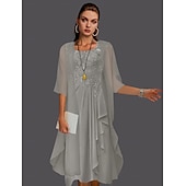 abordables Avec veste-Robe à deux pièces A-ligne pour la mère de la mariée à la plage invitée de mariage élégant col arrondi longueur genou chiffon dentelle sans manches vestes avec plis et appliqués 2025 taille
